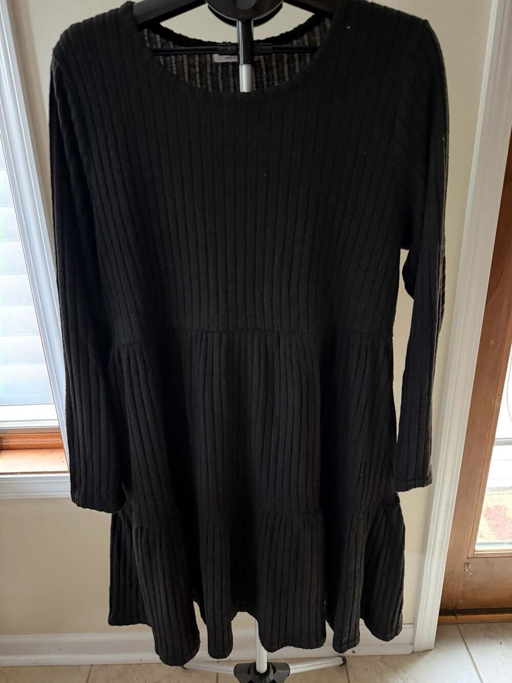 Belaroi Black Ribbed Long Sleeve Tiered Babydoll Dress
